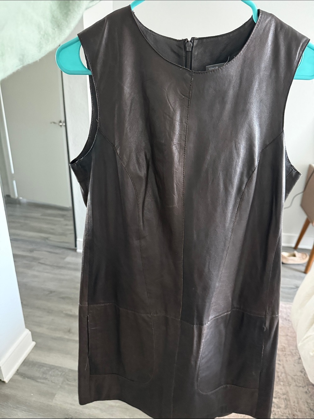 Vince Brown Leather Sleeveless Shift Dress